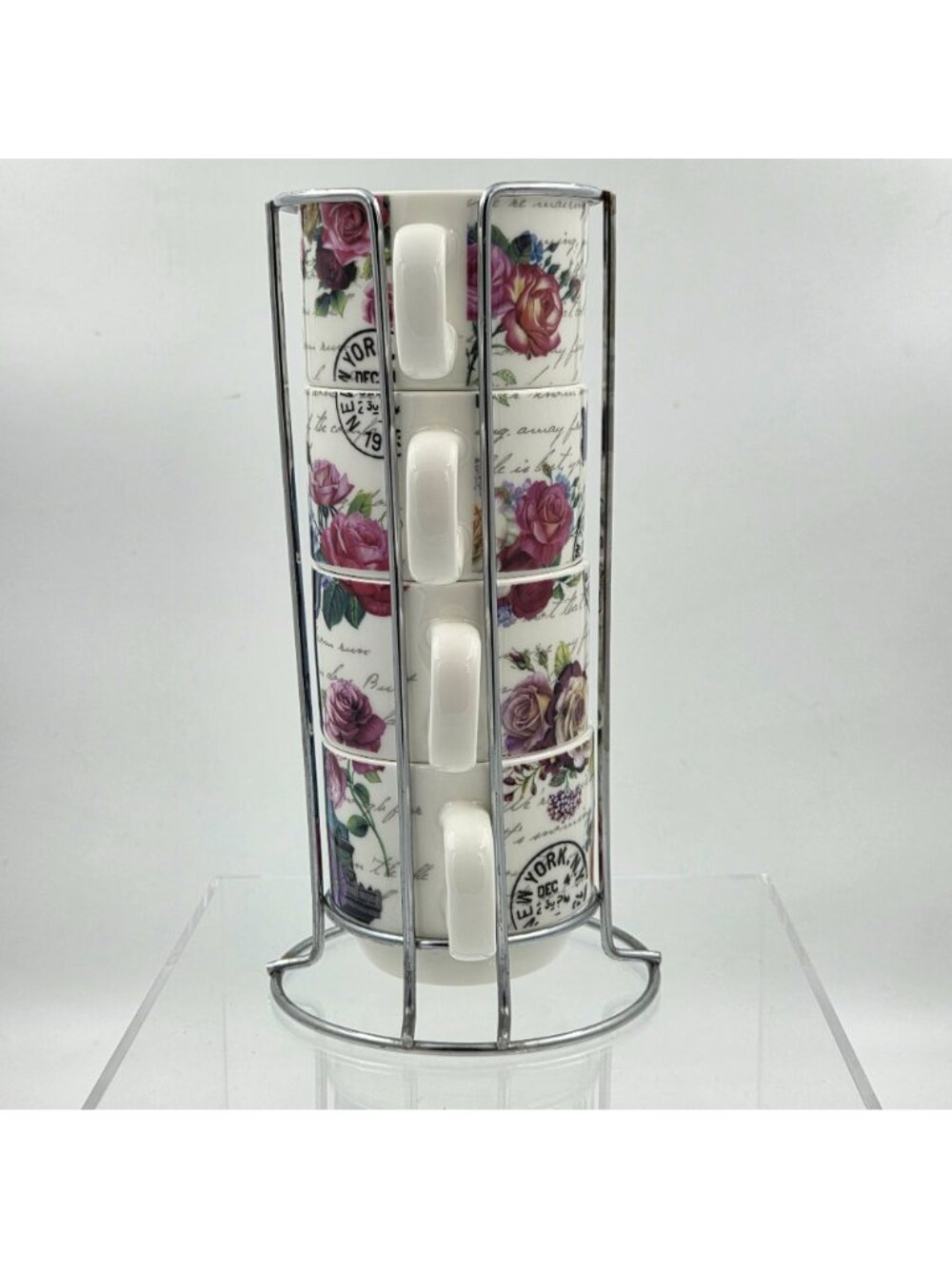 New York City Skyline Set of 4 Stacking Porcelain Mugs with a Metal Rack - Picture 2 of 12